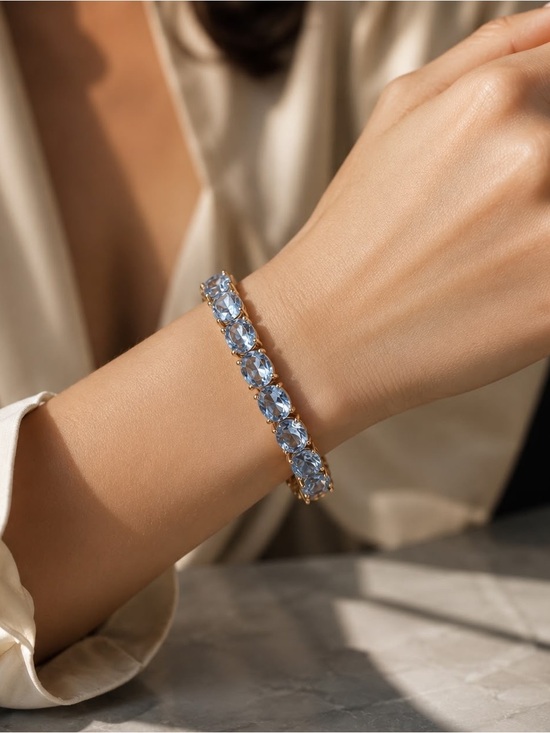Natasha Jewelry - Blue Crystal Bracelet Gold Tone Oval Rhinestones Magnetic Clasp Elegant